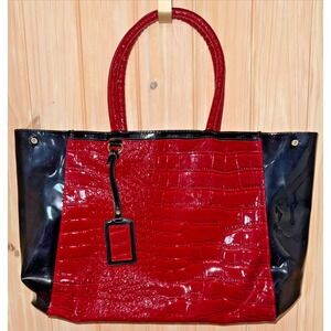 Red Black Patent Tote Bag Croc Embossed Handbag Glossy Women NWOT 14x13